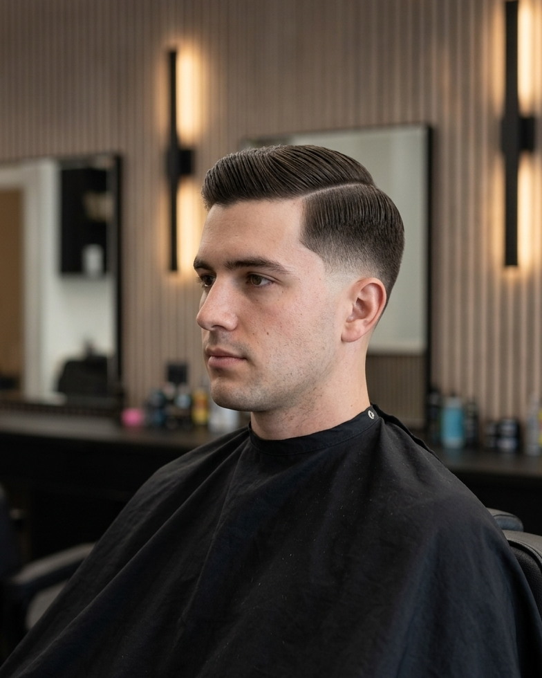 A tapered side part finished at Revival Room