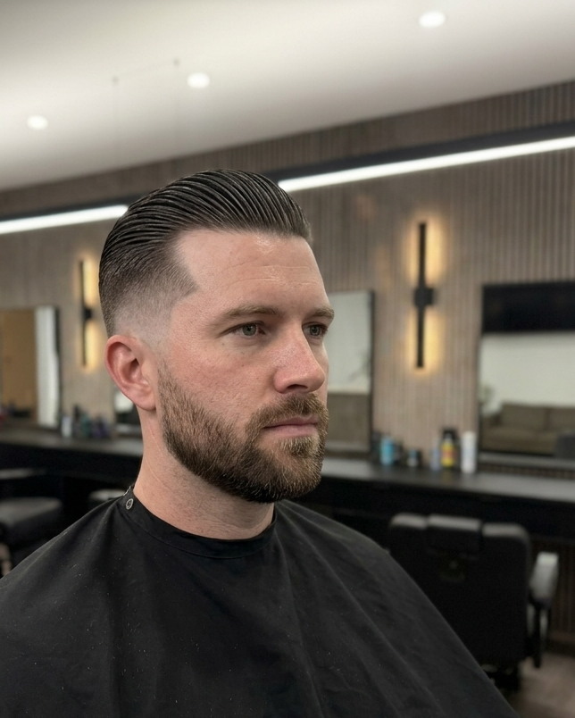 A slicked back top over a disconnected undercut